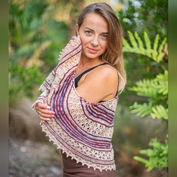 SOLD Hand Crafted OOAK Classic Wool Striped Lace Knit Scarf White Purple - Picture 2 of 9